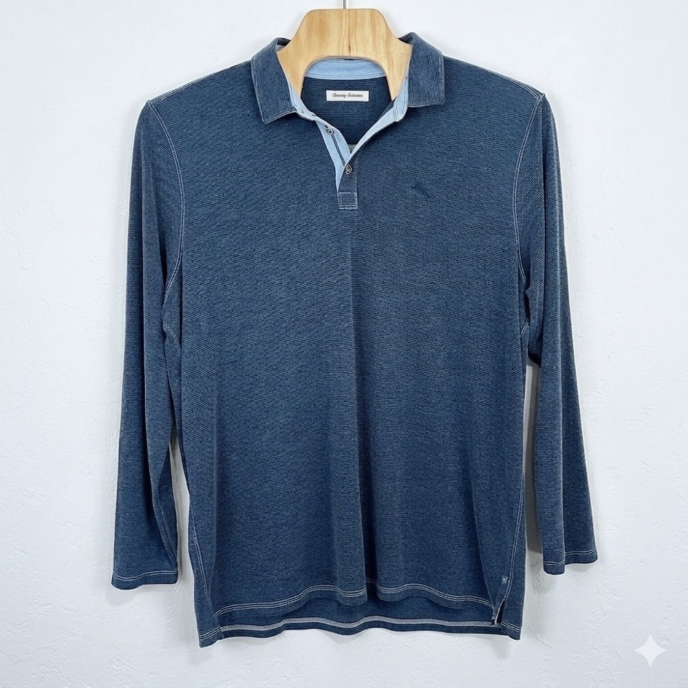 Tommy Bahama Mens Paradise Cove Polo Shirt Sz 2XLT Tall Blue Striped Long Sleeve